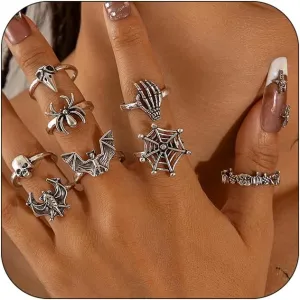 CJIAYUJEW Vintage Punk Rings Set for Men Women Silver Skull Spider Bat Rings Set Y2k Stackable Statement Finger Rings Halloween Gothic Knuckle Rings Outfit Jewelry Goth Costume Accessories
