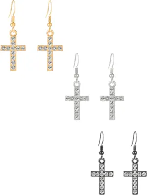 coadipress 3 Pairs Cross Earrings Sparkly Rhinestone Christian Cross Dangle Earring Trendy Religious Inspirational Cross Faith Earrings Birthday Party Charm Jewelry