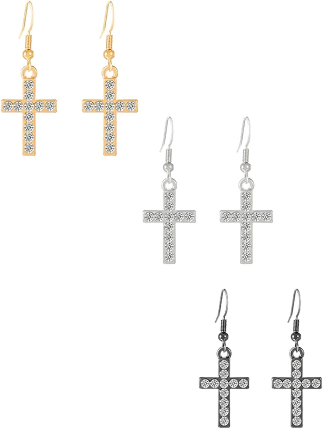 coadipress 3 Pairs Cross Earrings Sparkly Rhinestone Christian Cross Dangle Earring Trendy Religious Inspirational Cross Faith Earrings Birthday Party Charm Jewelry