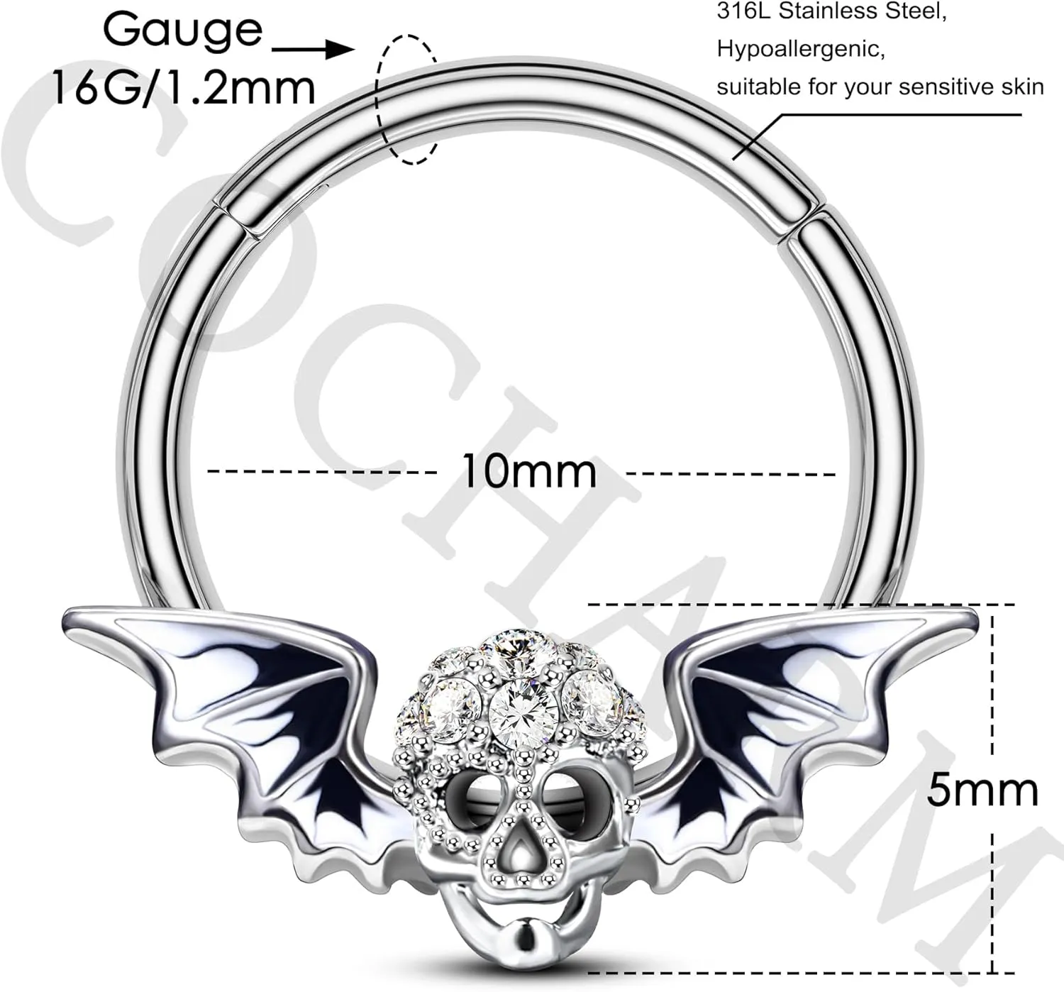 COCHARM Halloween Septum Rings, 16G Skull Septum Jewelry, Stainless Steel Helix Daith Earrings for Women Men, Rook Daith Piercing Jewelry
