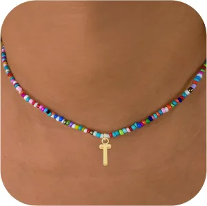 Colorful Beaded Initial Necklaces for Kids Girls, Personized Graduation Birthday Gifts - Choker Necklace for Women,Teen and Preteen Girls