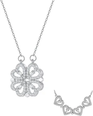 COLORFUL BLING Stainless Steel Four Leaf Clover Necklace Dainty Heart Necklace for Women Cubic Zirconia Four Leaf Clover Pendant Necklace Gifts for Valentine's Day Christmas Birthday