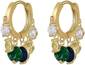 Colorful Rhinestone Dangle Hoop Earrings - Ethnic Emerald Green Black Gemstone Simple Earrings