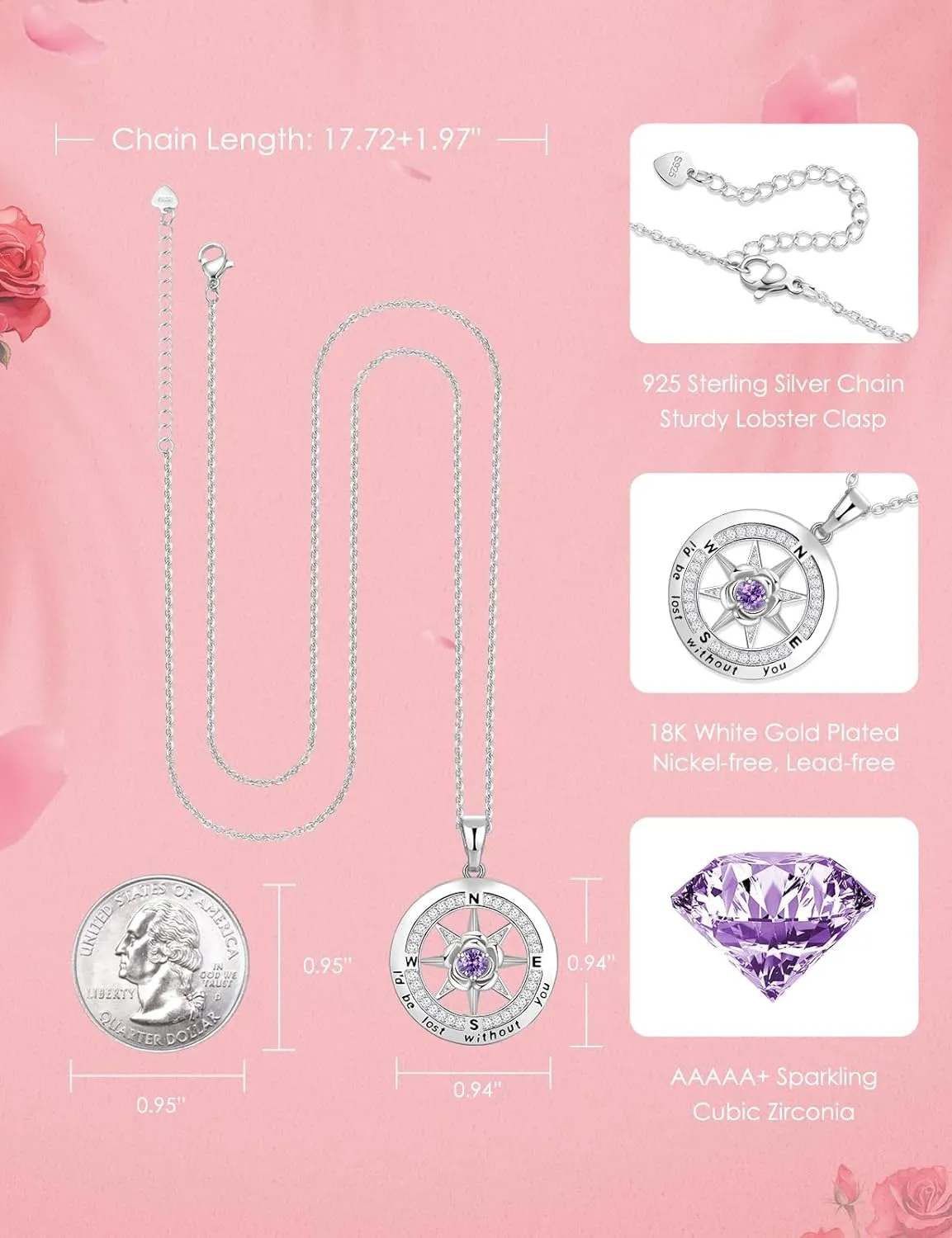 Compass Necklace for Women Rose Flower Birthstone Necklace Gifts for Wife Jewelry for Womens Girlfriend Mom Daughter