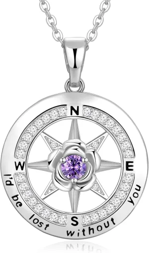Compass Necklace for Women Rose Flower Birthstone Necklace Gifts for Wife Jewelry for Womens Girlfriend Mom Daughter