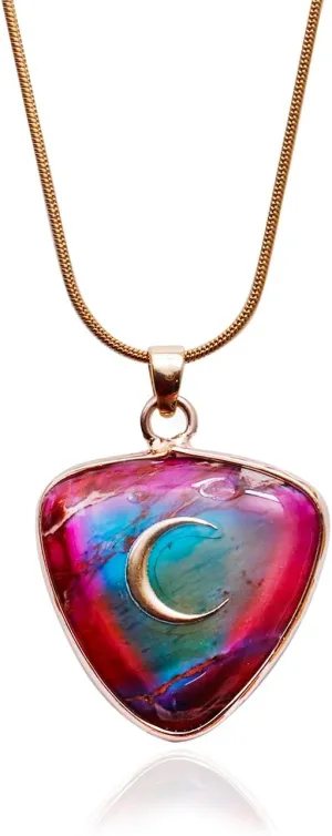 Crescent Moon Triangle Pendant Necklace, Imperial Jasper Stone, 18K Gold Plated Chain, 15.75 2 inches