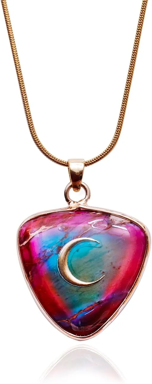 Crescent Moon Triangle Pendant Necklace, Imperial Jasper Stone, 18K Gold Plated Chain, 15.75 2 inches