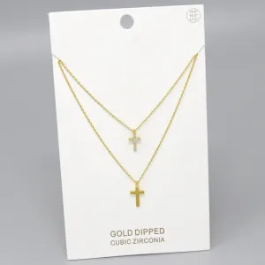 Cross CZ Pave Pendant Gold Dipped Layered Chain Necklace