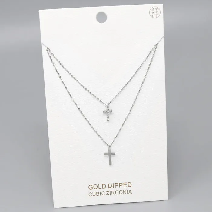 Cross CZ Pave Pendant Gold Dipped Layered Chain Necklace