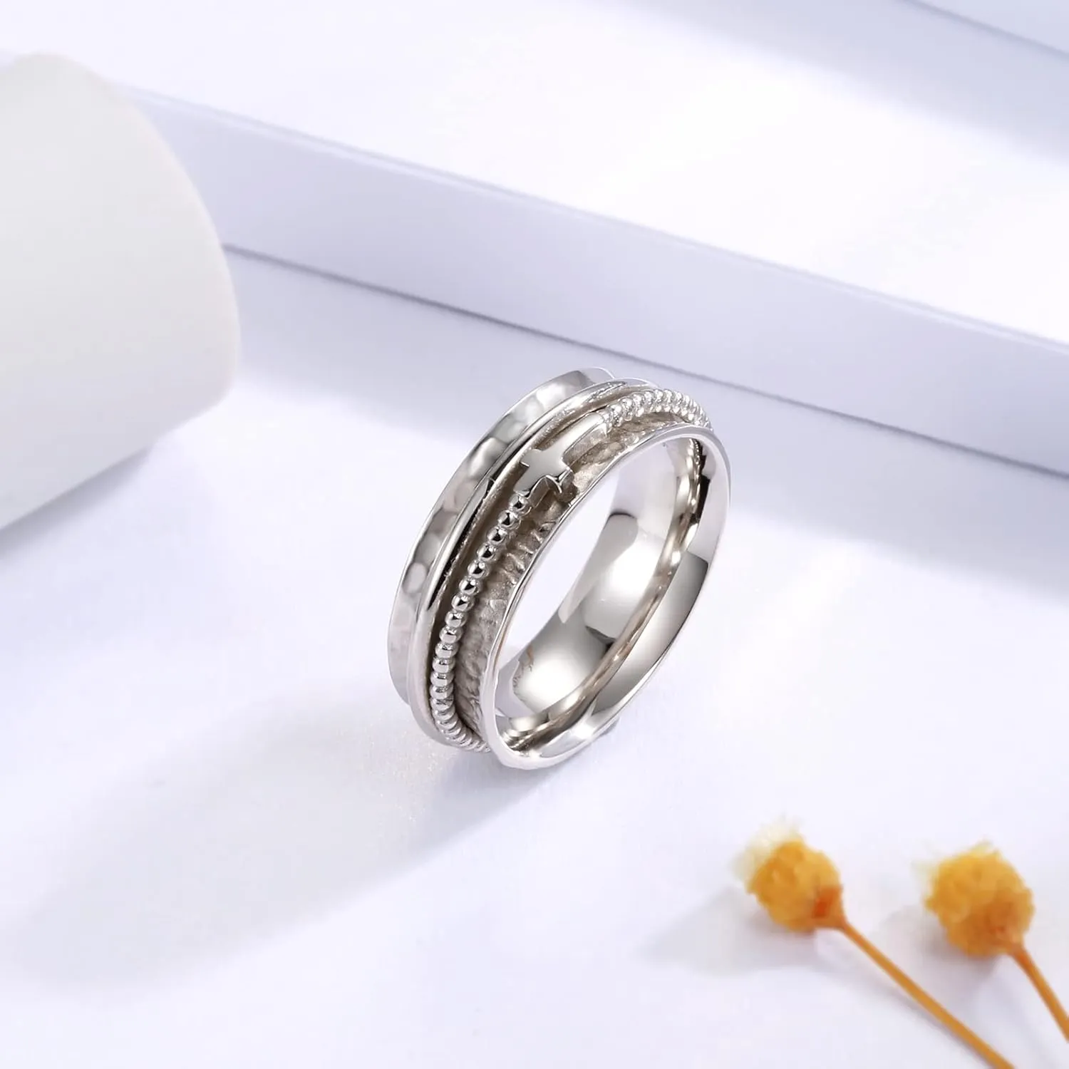 Cross Fidget Ring for Women - 925 Sterling Silver Spinner Rings Spinning Band Rings Wide Hammered