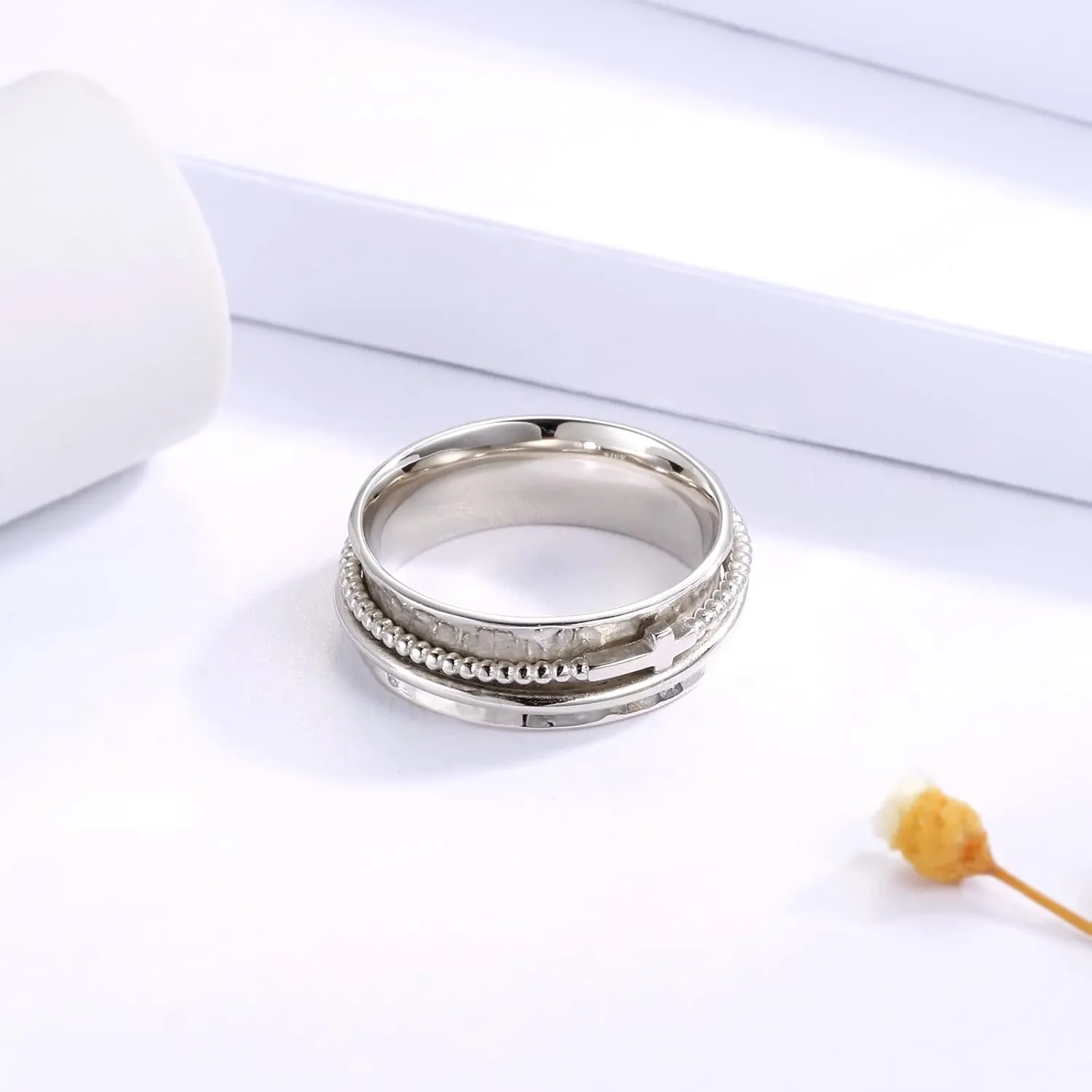 Cross Fidget Ring for Women - 925 Sterling Silver Spinner Rings Spinning Band Rings Wide Hammered