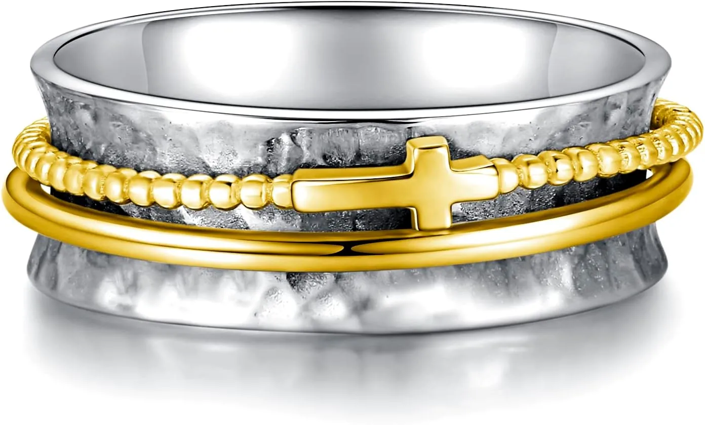 Cross Fidget Ring for Women - 925 Sterling Silver Spinner Rings Spinning Band Rings Wide Hammered