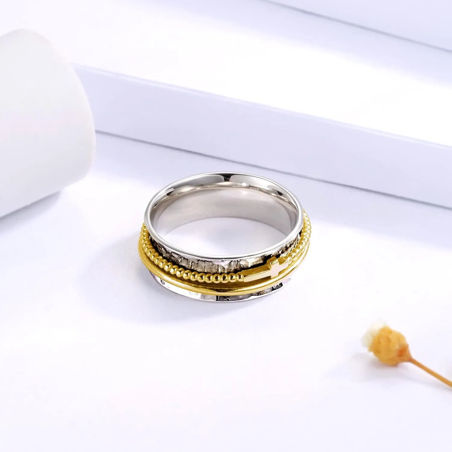 Cross Fidget Ring for Women - 925 Sterling Silver Spinner Rings Spinning Band Rings Wide Hammered
