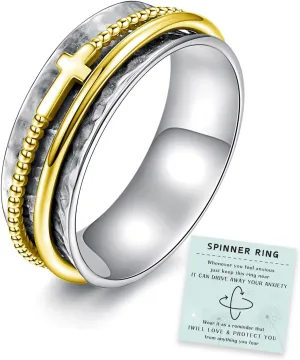 Cross Fidget Ring for Women - 925 Sterling Silver Spinner Rings Spinning Band Rings Wide Hammered