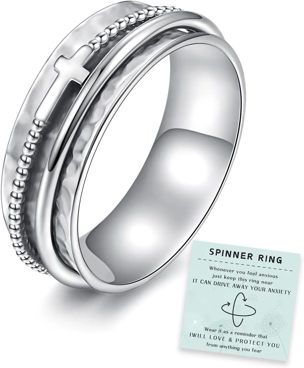 Cross Fidget Ring for Women - 925 Sterling Silver Spinner Rings Spinning Band Rings Wide Hammered