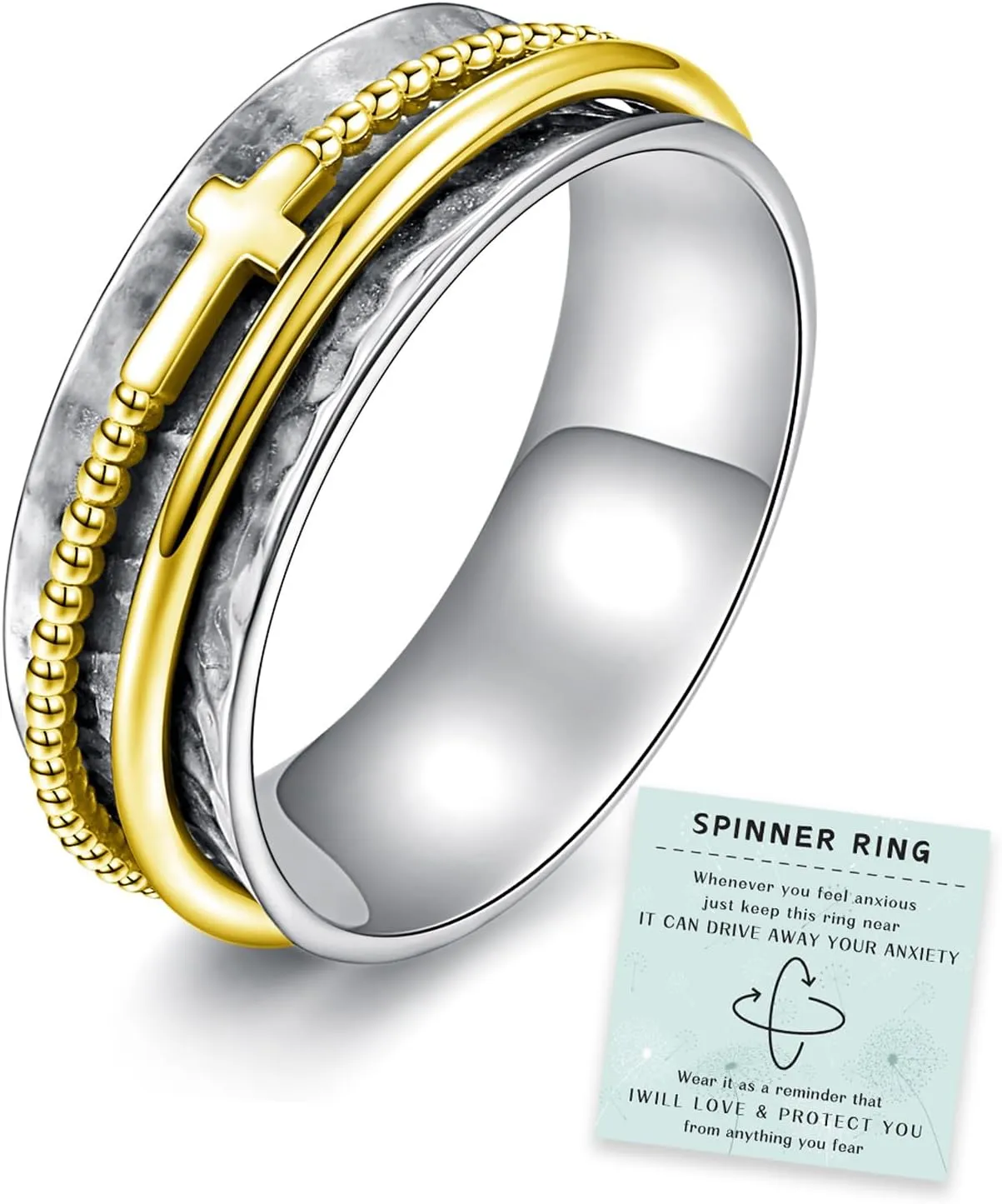 Cross Fidget Ring for Women - 925 Sterling Silver Spinner Rings Spinning Band Rings Wide Hammered
