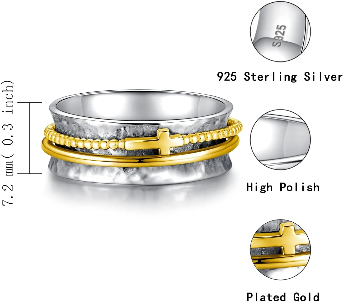 Cross Fidget Ring for Women - 925 Sterling Silver Spinner Rings Spinning Band Rings Wide Hammered
