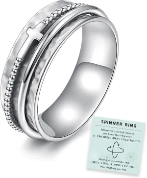 Cross Fidget Ring for Women - 925 Sterling Silver Spinner Rings Spinning Band Rings Wide Hammered