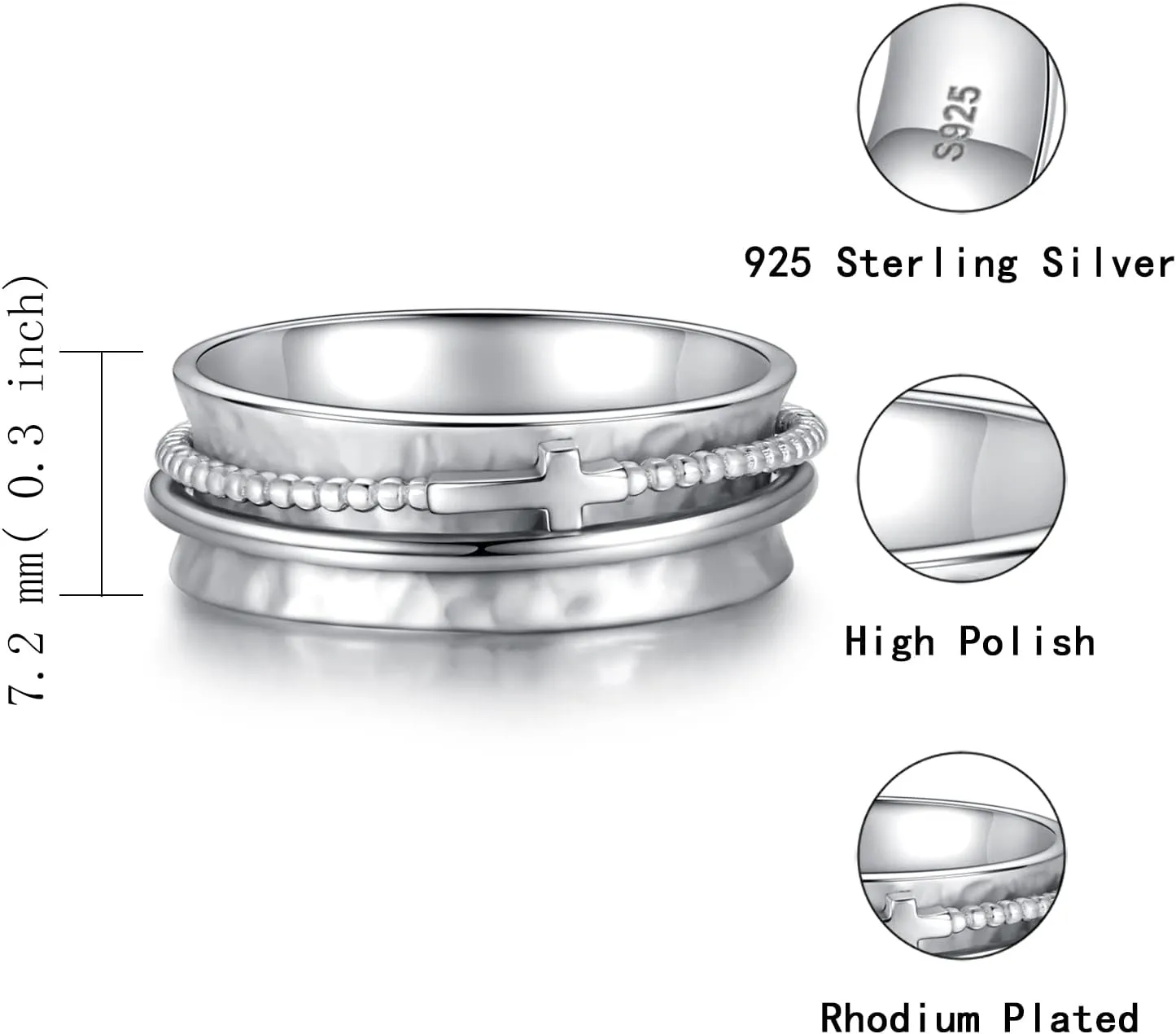 Cross Fidget Ring for Women - 925 Sterling Silver Spinner Rings Spinning Band Rings Wide Hammered