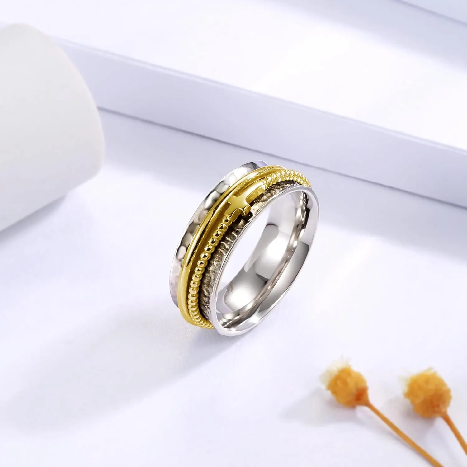 Cross Fidget Ring for Women - 925 Sterling Silver Spinner Rings Spinning Band Rings Wide Hammered