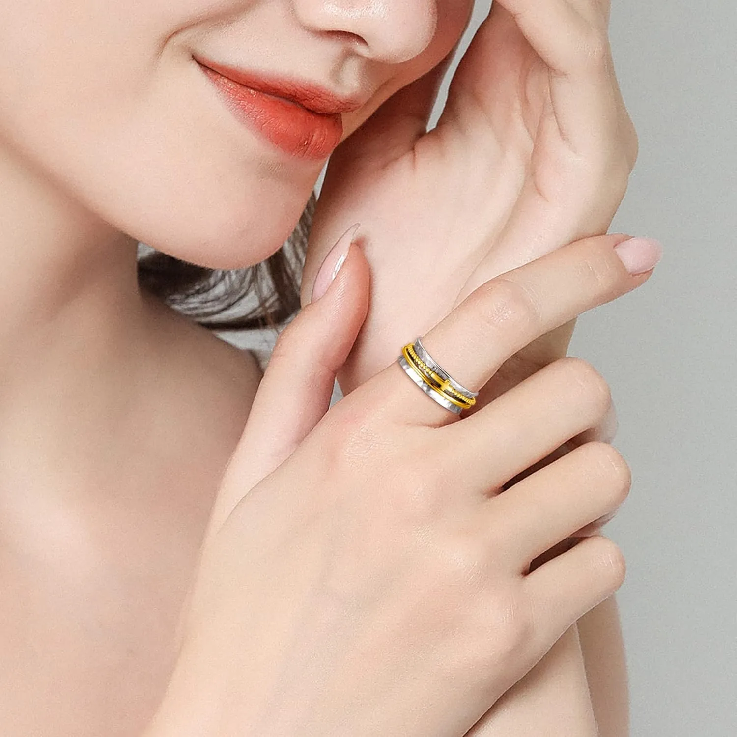 Cross Fidget Ring for Women - 925 Sterling Silver Spinner Rings Spinning Band Rings Wide Hammered