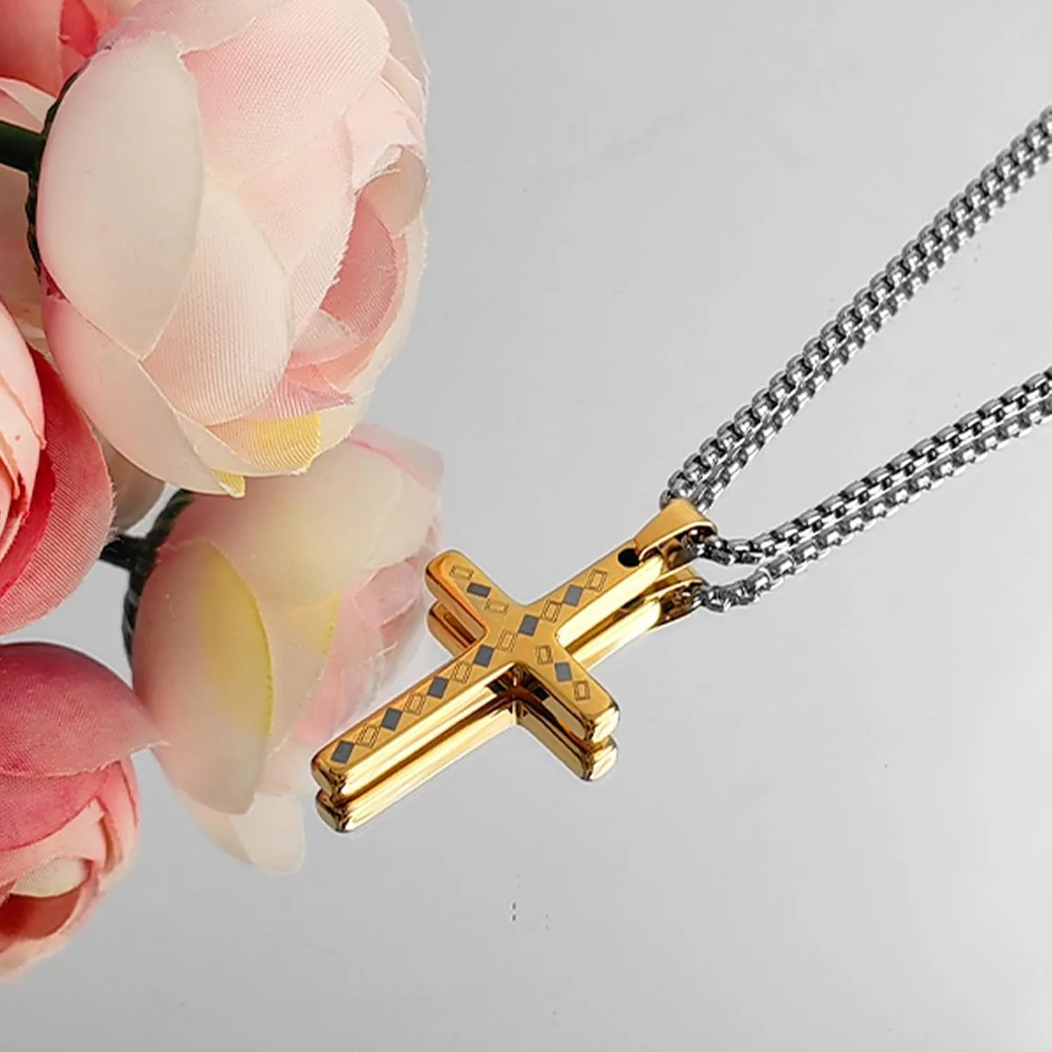 Cross Necklace for Men Women Gold Tungsten Cross Pendant Necklace with Silver Box Chain Gift for Women Men