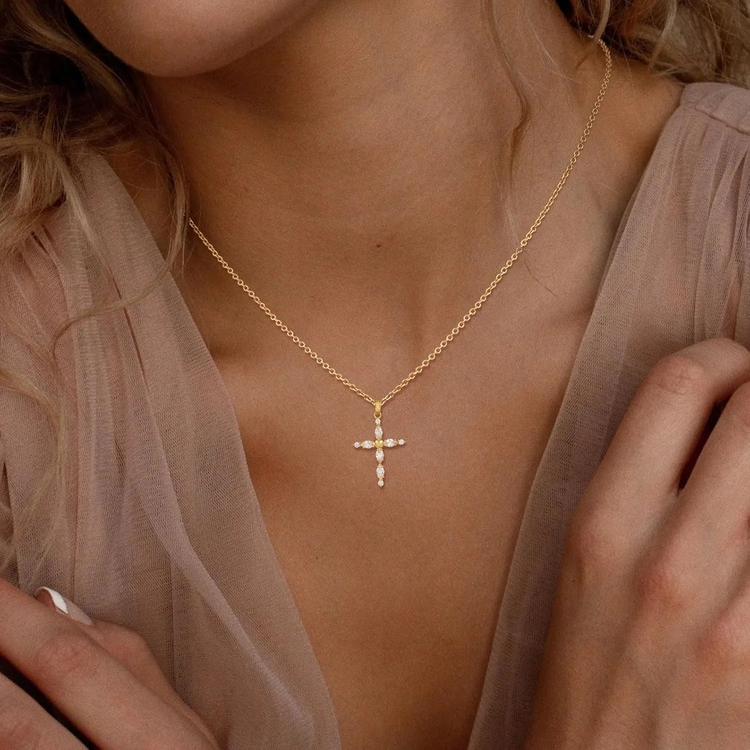 Cross Necklace for Women 14K Gold/Sterling Silver Plated Cubic Zirconia Pendant Necklaces, Cute Dainty Trendy Accessories Gifts for Women