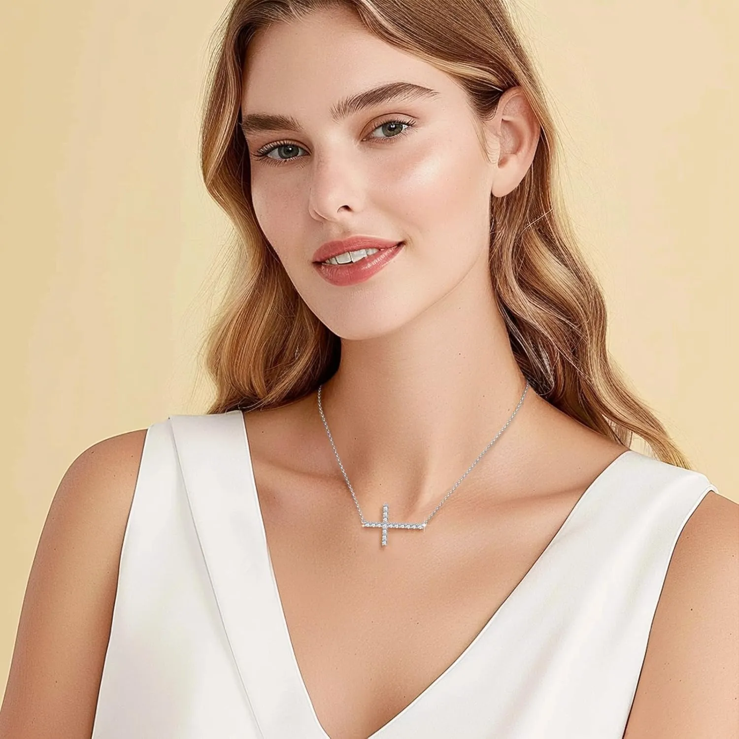 Cross Necklace for Women Yellow/White Gold Plated Sterling Silver CZ Simulated Diamond Cross Pendant Necklace Easter Birthday Mother's Day Gift 18" Chain Jewelry