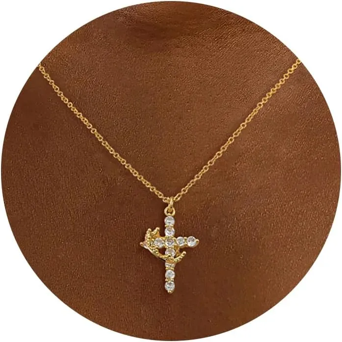 Cross Rotated Crown Necklaces for Women: Trendy Dainty 14K Gold/Silver/Rose Gold Plated Charm Necklace Large Diamond Pendant Womens Necklace Fashion Jewelry for Women