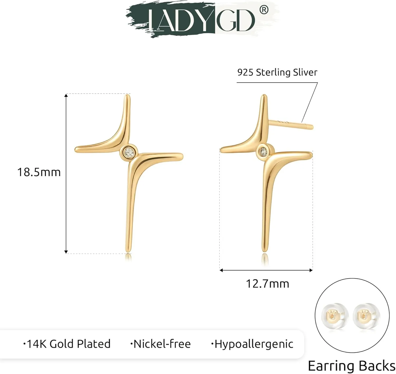 Cross Stud Earrings for Women Trendy 14K Gold Plated Sterling Silver Post Cubic Zirconia Cross Earrings Hypoallergenic Gold Jewelry Gifts