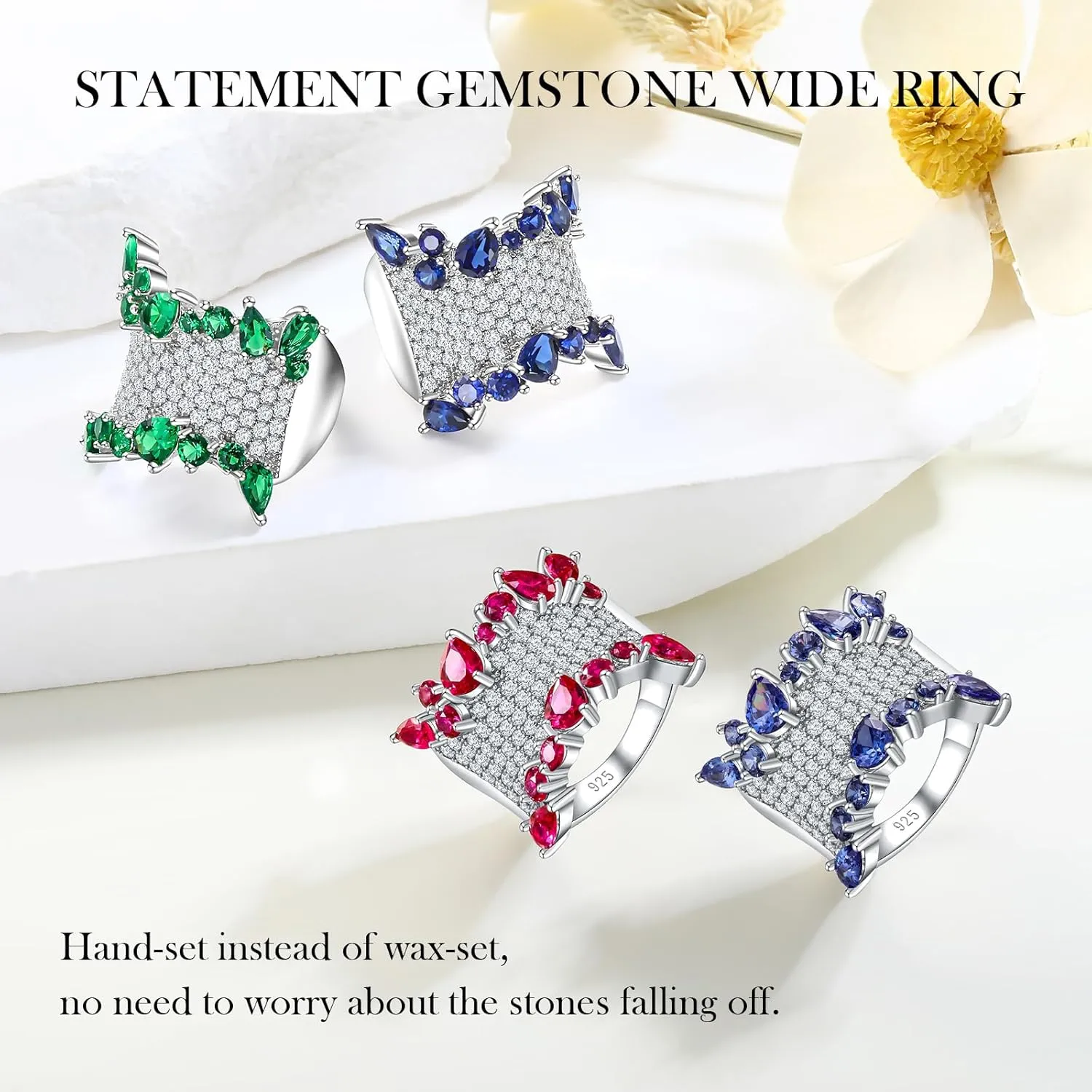 Crossover Statement Ring Wedding Bands 925 Sterling Silver Created Gemstone Chunky Wide Band Rings for Women Men Cocktail Anniversary Jewelry Size 6-10 (with Gift Box)