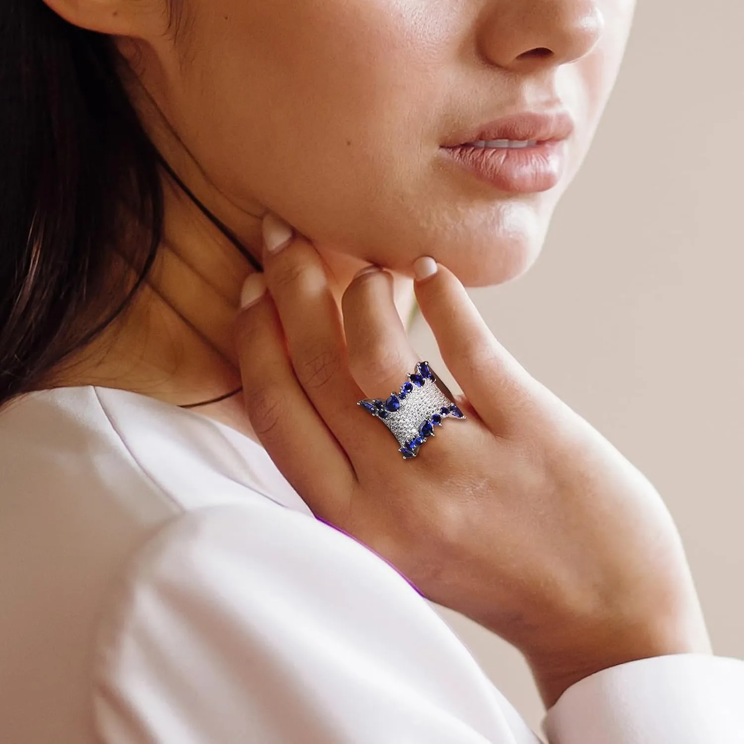 Crossover Statement Ring Wedding Bands 925 Sterling Silver Created Gemstone Chunky Wide Band Rings for Women Men Cocktail Anniversary Jewelry Size 6-10 (with Gift Box)