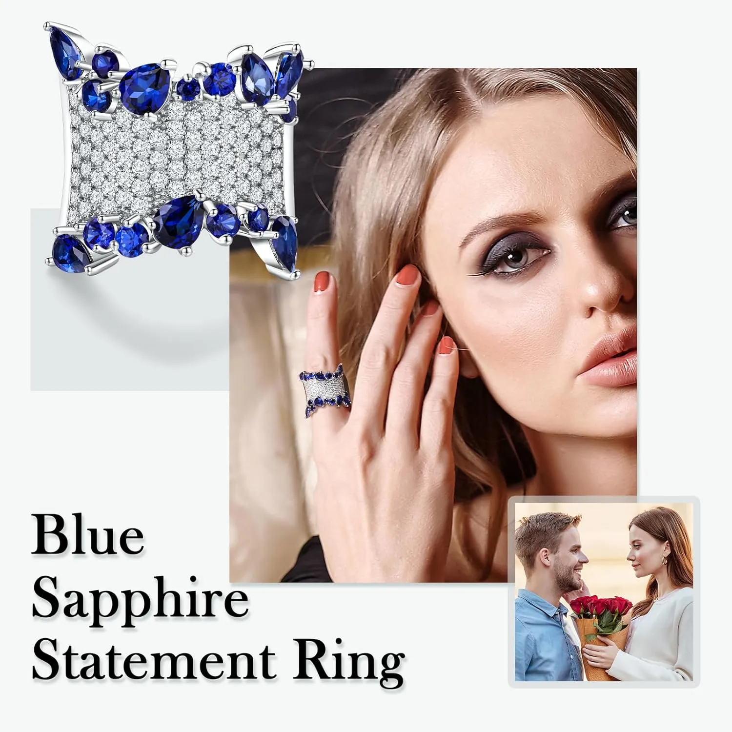 Crossover Statement Ring Wedding Bands 925 Sterling Silver Created Gemstone Chunky Wide Band Rings for Women Men Cocktail Anniversary Jewelry Size 6-10 (with Gift Box)