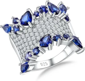 Crossover Statement Ring Wedding Bands 925 Sterling Silver Created Gemstone Chunky Wide Band Rings for Women Men Cocktail Anniversary Jewelry Size 6-10 (with Gift Box)