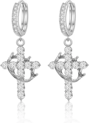 Crown Cross Necklace Earring Set for Women,Diamond Dainty 14k Gold Plated Cubic Zirconia Pendant Necklaces and Earring,Trendy Waterproof Non Tarnish Faith Jewelry First Communion Necklace