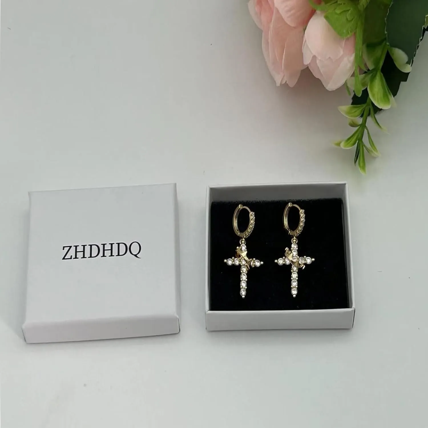 Crown Cross Necklace Earring Set for Women,Diamond Dainty 14k Gold Plated Cubic Zirconia Pendant Necklaces and Earring,Trendy Waterproof Non Tarnish Faith Jewelry First Communion Necklace