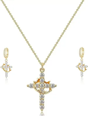 Crown Cross Necklace Earring Set for Women,Diamond Dainty 14k Gold Plated Cubic Zirconia Pendant Necklaces and Earring,Trendy Waterproof Non Tarnish Faith Jewelry First Communion Necklace
