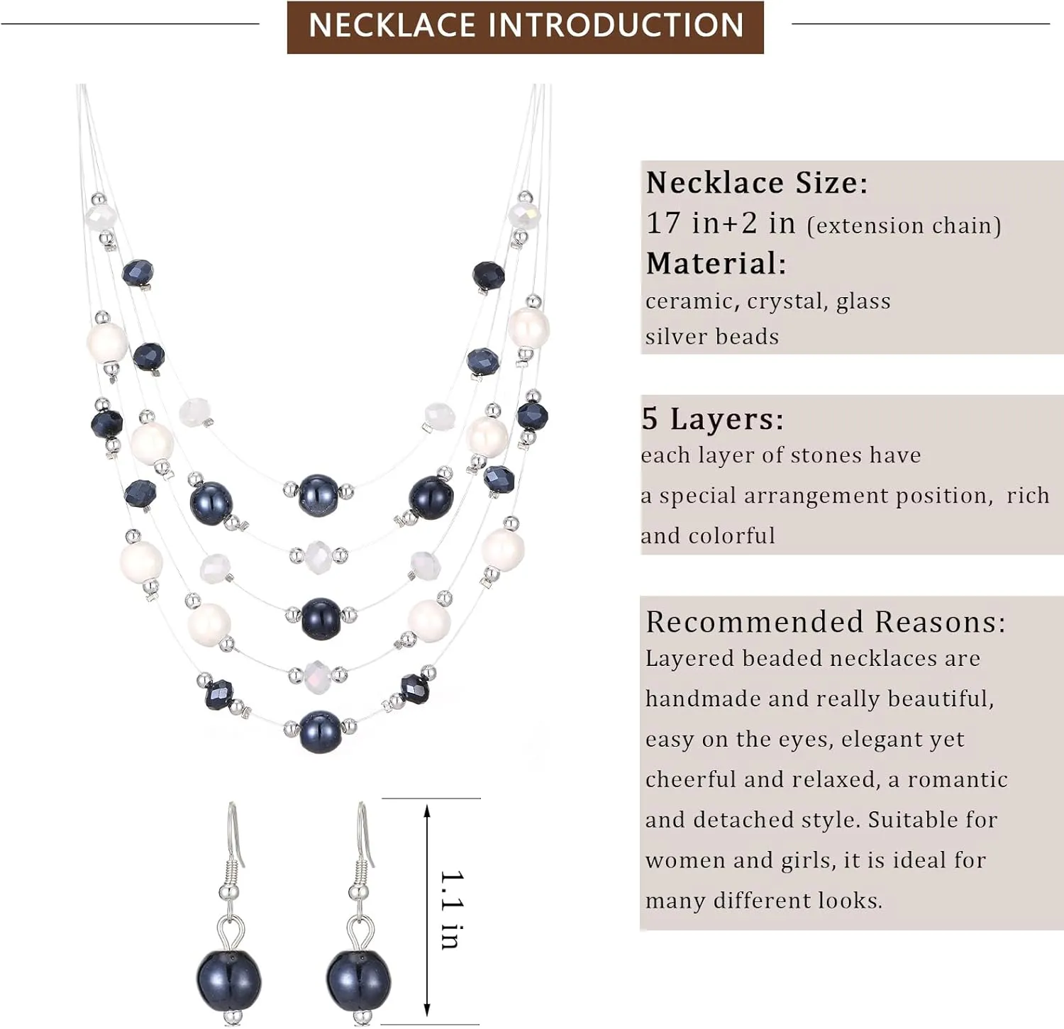 Crystal Beaded Statement Necklace for Women Boho Colorful Multi-Strand Necklace and Earring Sets for Women Fashion Jewelry Gifts for Mom