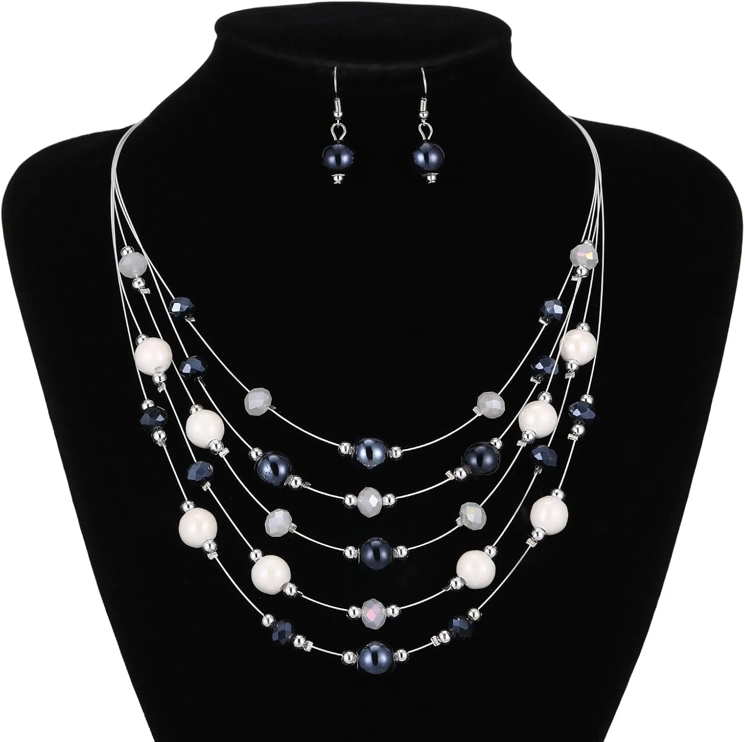 Crystal Beaded Statement Necklace for Women Boho Colorful Multi-Strand Necklace and Earring Sets for Women Fashion Jewelry Gifts for Mom