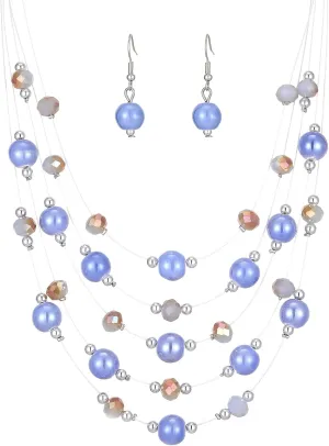 Crystal Beaded Statement Necklace for Women Boho Colorful Multi-Strand Necklace and Earring Sets for Women Fashion Jewelry Gifts for Mom