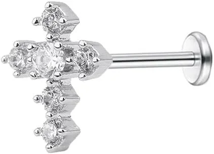 Crystal Cross Labret Cartilage Monroe Helix Stud Earring Stainless Steel Cubic Zirconia Faith Blessed Prayer 16G Tragus Sleeper Studs Lip Nose Ring Dainty Body Piercing Jewelry Gifts for Women Men Unisex