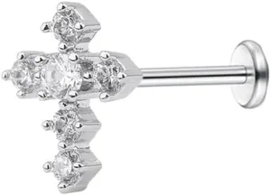 Crystal Cross Labret Cartilage Monroe Helix Stud Earring Stainless Steel Cubic Zirconia Faith Blessed Prayer 16G Tragus Sleeper Studs Lip Nose Ring Dainty Body Piercing Jewelry Gifts for Women Men Unisex
