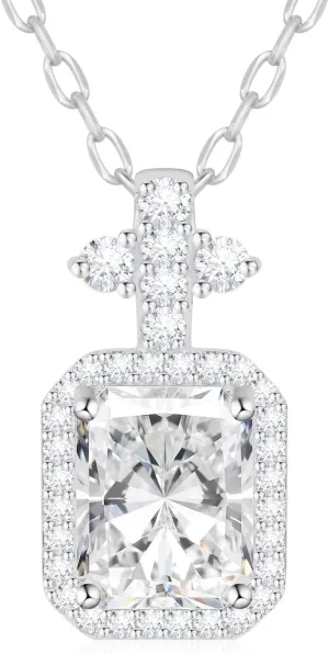 Cubic Zirconia Necklace, Emerald Cut Pendant Square Pendant Necklaces for Women, 925 Sterling Silver Simple Birthday Anniversary Jewelry for Wife Mom