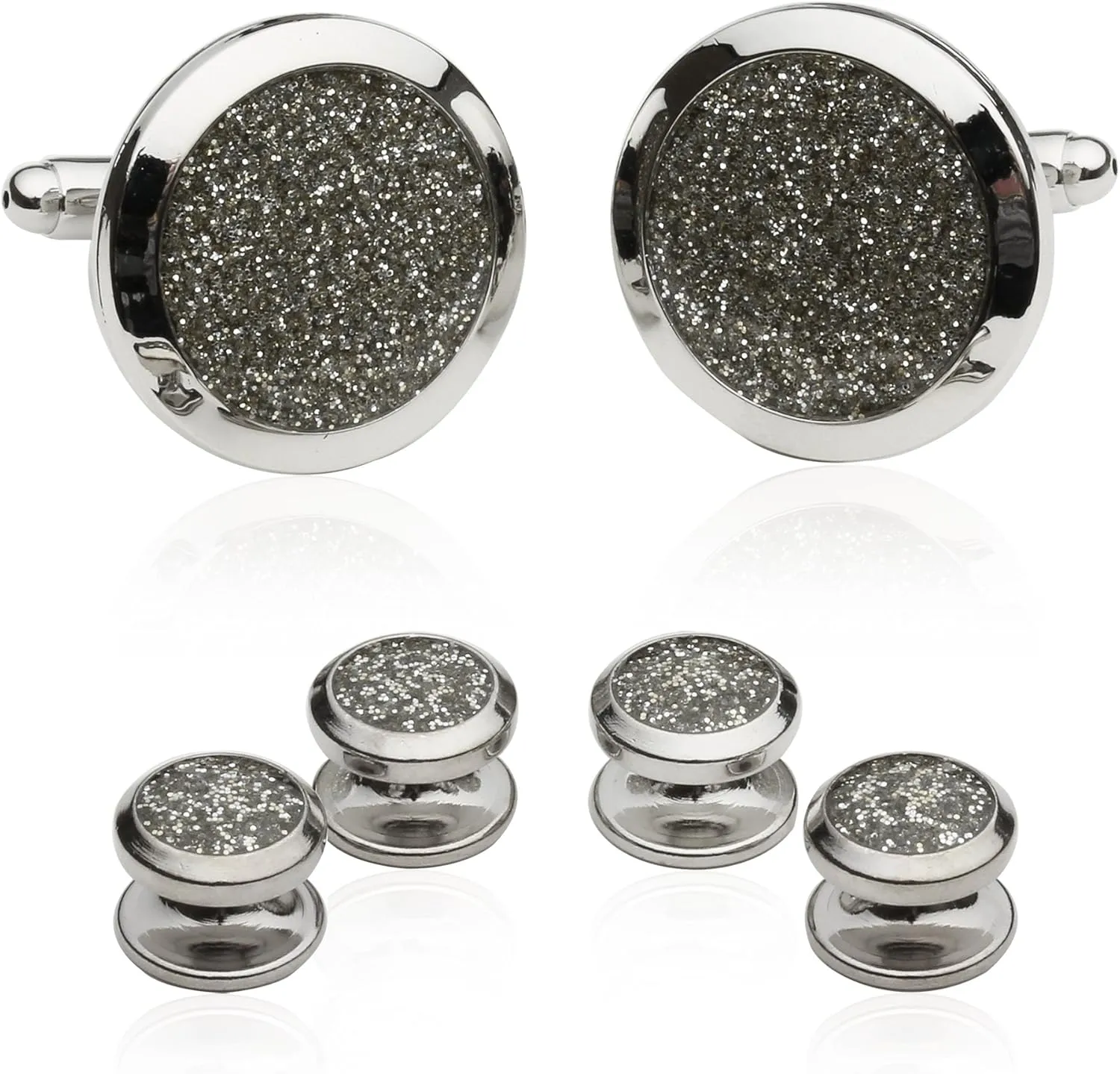 Cuff-Daddy Men's Silver Diamond Dust Tuxedo Cuff links and Studs Formal Set with Presentation Jewelry Box for Business Wedding Groomsmen Cufflinks & Shirt Accessories Special Occasions Wedding Party