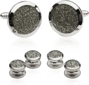 Cuff-Daddy Men's Silver Diamond Dust Tuxedo Cuff links and Studs Formal Set with Presentation Jewelry Box for Business Wedding Groomsmen Cufflinks & Shirt Accessories Special Occasions Wedding Party