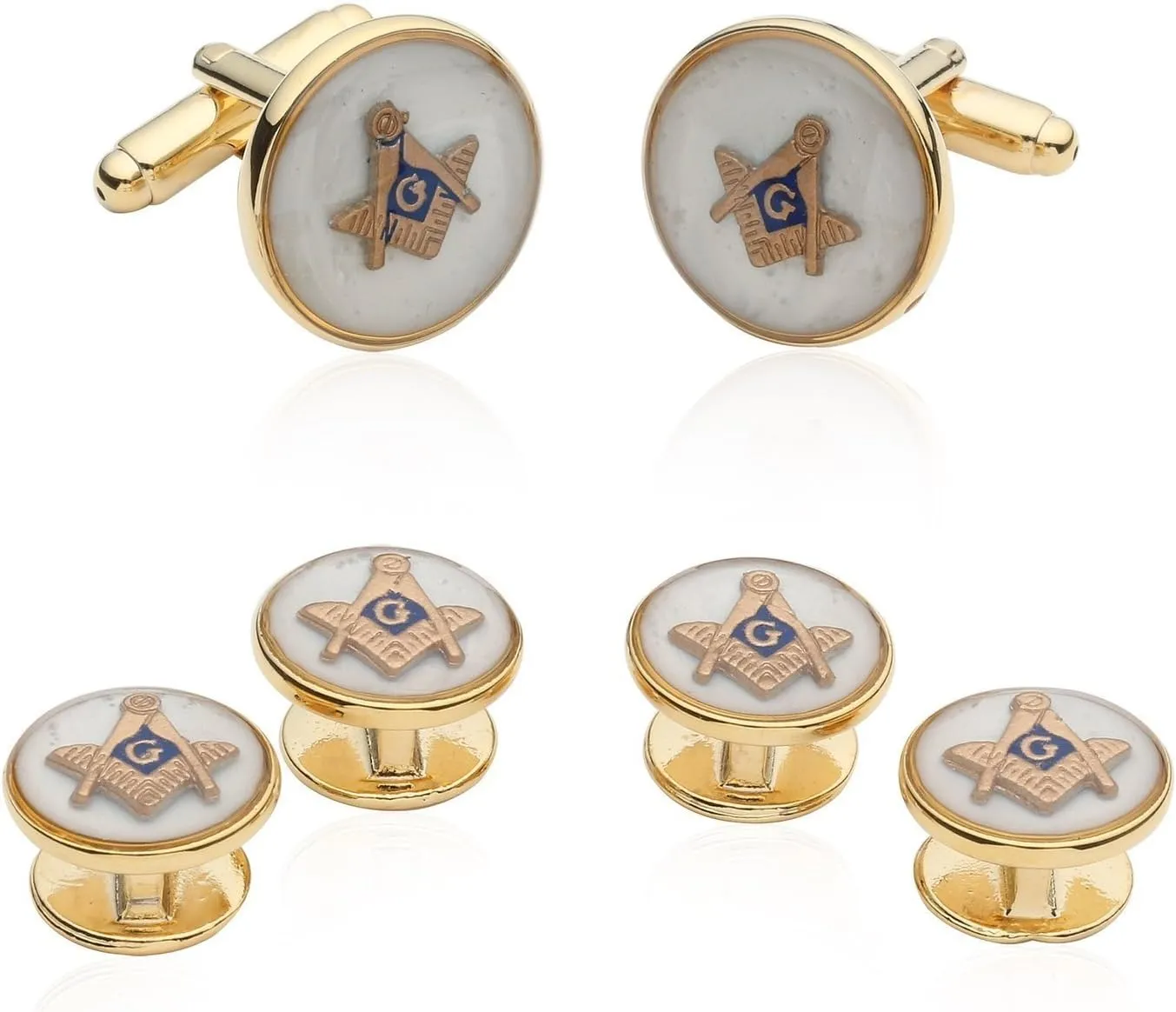 Cuff-Daddy Mens White Freemason Cufflinks for Men with Shirt Studs | Masonic Tuxedo Formal Set Enamel Cufflinks and Studs with Travel Presentation Gift Box for Wedding Party Groomsmen Groom