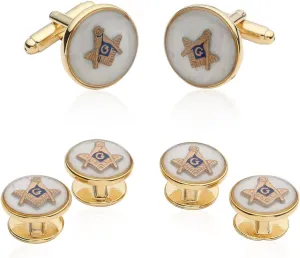 Cuff-Daddy Mens White Freemason Cufflinks for Men with Shirt Studs | Masonic Tuxedo Formal Set Enamel Cufflinks and Studs with Travel Presentation Gift Box for Wedding Party Groomsmen Groom