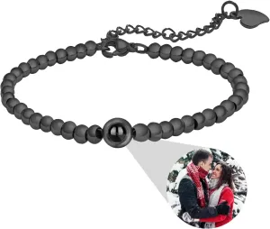 Custom Bead Bracelet with Picture Inside Personalized Photo Projection Bracelets Gold Bead Ball Bracelet Anniversary Brihday Memorial Gifts for Couple Best Friend Family Dog Cat