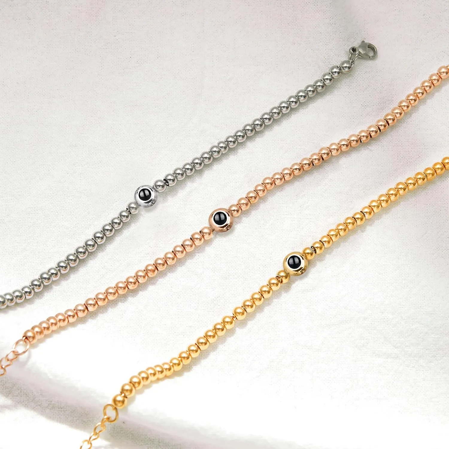 Custom Bead Bracelet with Picture Inside Personalized Photo Projection Bracelets Gold Bead Ball Bracelet Anniversary Brihday Memorial Gifts for Couple Best Friend Family Dog Cat