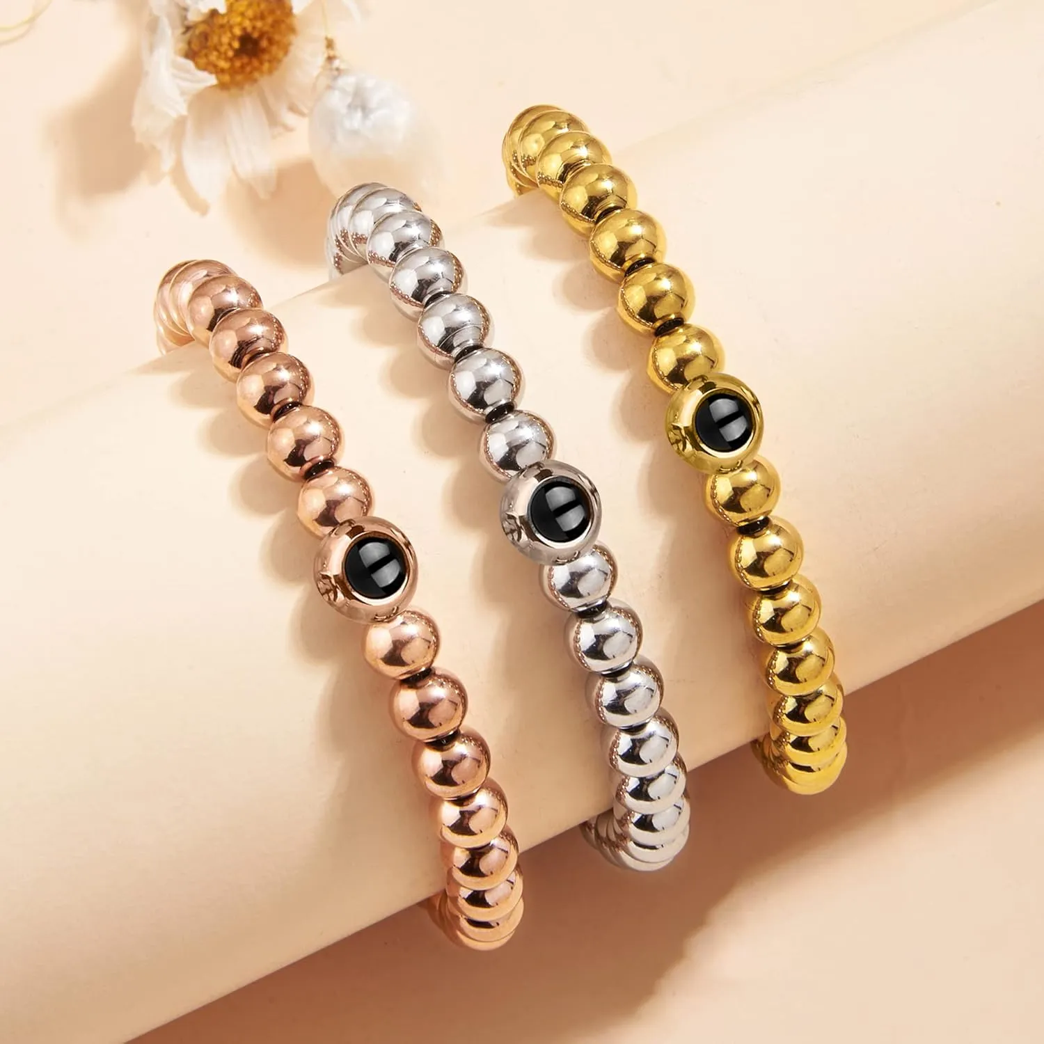 Custom Bead Bracelet with Picture Inside Personalized Photo Projection Bracelets Gold Bead Ball Bracelet Anniversary Brihday Memorial Gifts for Couple Best Friend Family Dog Cat